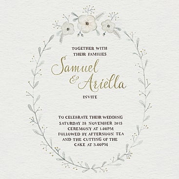 Wedding invitation design &ndash; gold and sage foral wreath