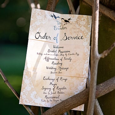 Wedding order of service design &ndash; peach lace and bird illustration