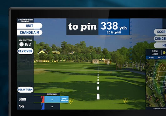 Toptracer screen showing closest to pin challenge 'to pin 338 yards'