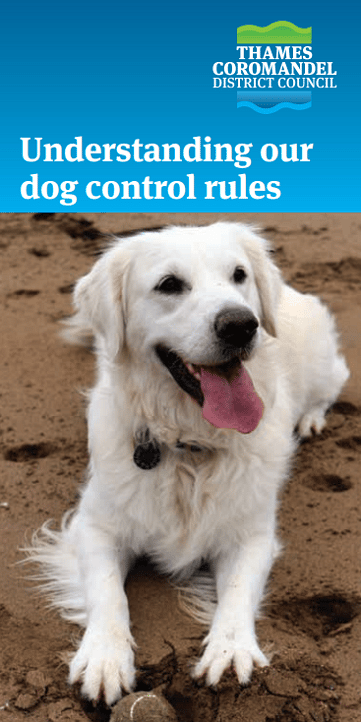Cover page of TCDC's dog control brochure showing a dog lying on the beach with a ball at its feet