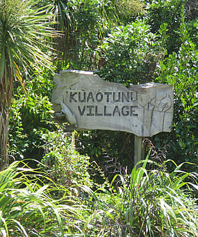 The wooden Kuaotunu Village sign nestled in native bush at the entrance to Kuaotunu on the Coromandel Peninsula