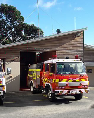 Fire engine outside the Kuaotunu Fire Station on the Coromandel Peninsula
