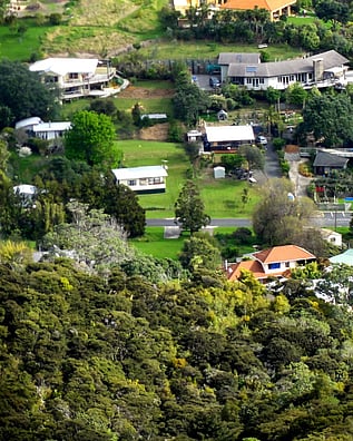 Aerial view of houses on Irishtown Rd in Kuaotunu on the Coromandel Peninsula