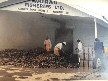 Dean&rsquo;s grandfather, Tom Slape, (left) working at Wairau Fisheries in the 1960s