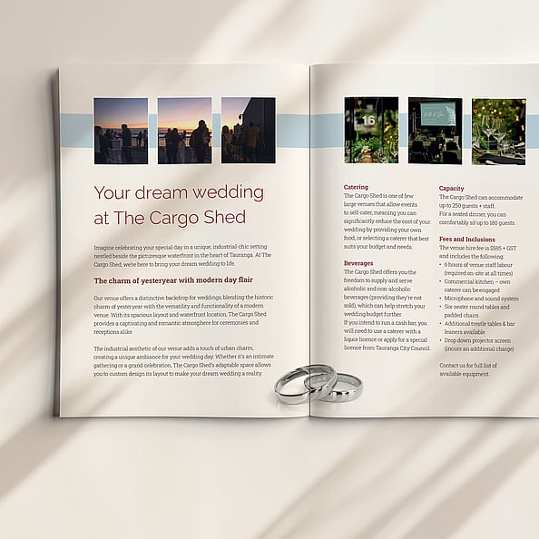 Wedding venue brochure layout design for The Cargo Shed