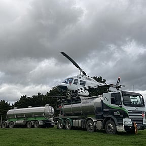 Helicopter and trucks