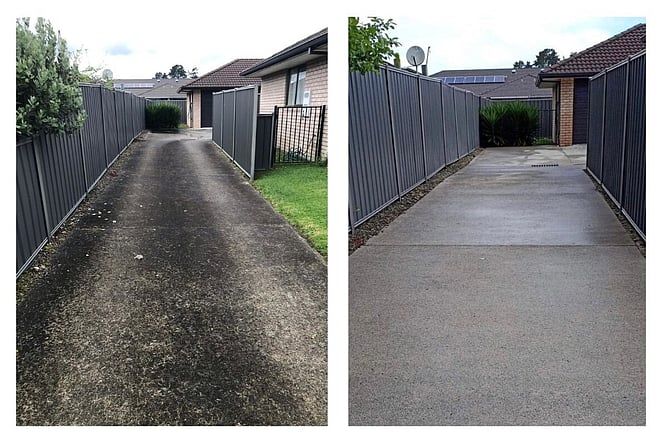 Before and after images of a driveway being cleaned professionally
