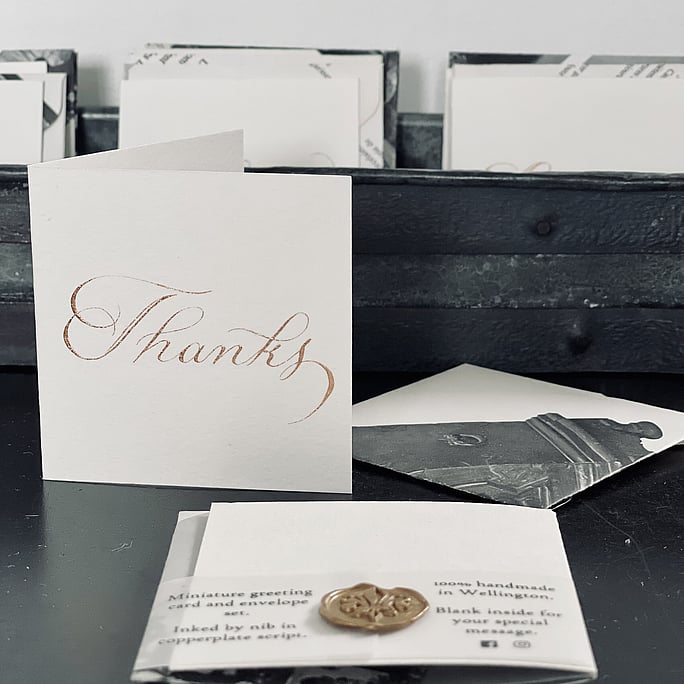 Thanks mini card and envelope set showcasing the back of our signature wrapping