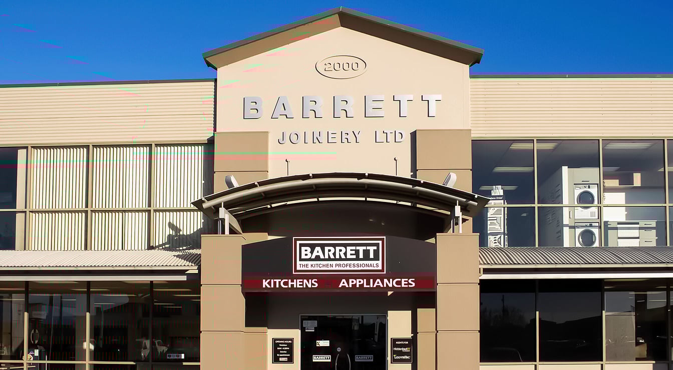 Modern custom kitchen showcase at Barrett Joinery's showroom in Timaru, highlighting bespoke cabinetry, custom joinery, and expertly crafted kitchen designs tailored for New Zealand homes.