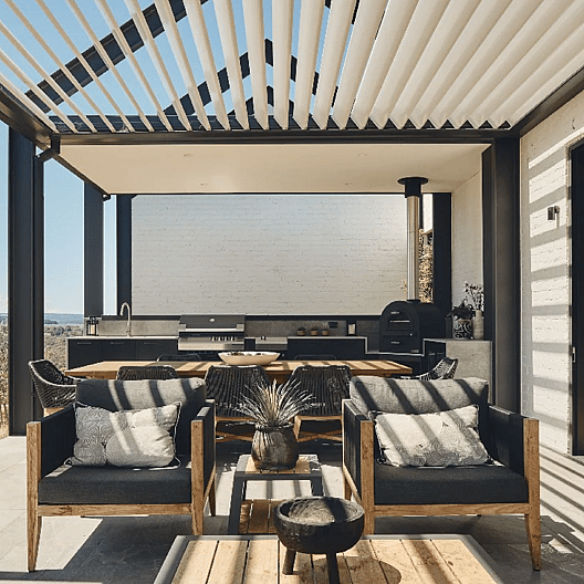 LouvreTec opening roof systems for outdoor decks and patios, providing sun control with creative and sturdy designs.