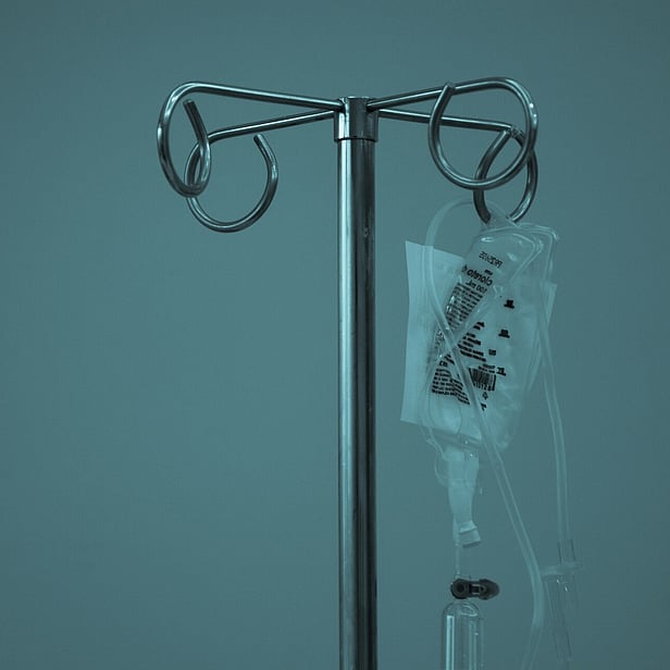 A hospital IV pouch on a hanger.