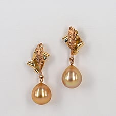 Earrings, gold pearls with 18ct gold parchment and quill