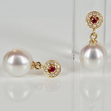 Drop pearl earrings with rubies and diamonds