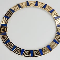 Greek necklace of lapis lazuli and 18ct yellow gold meander key