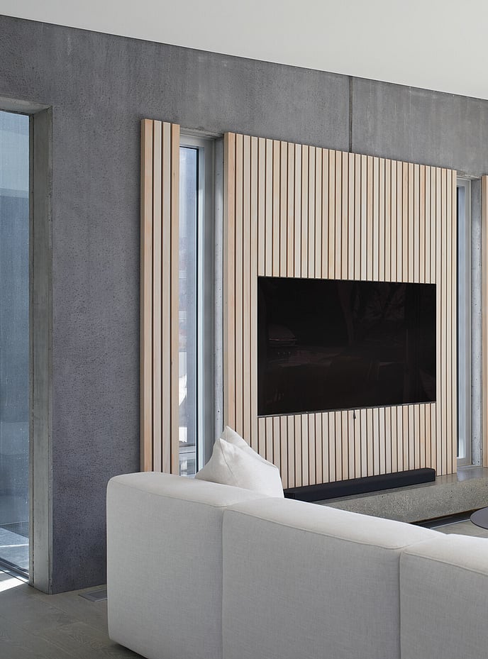 Entertainment area with concrete wall panels and natural timber detail