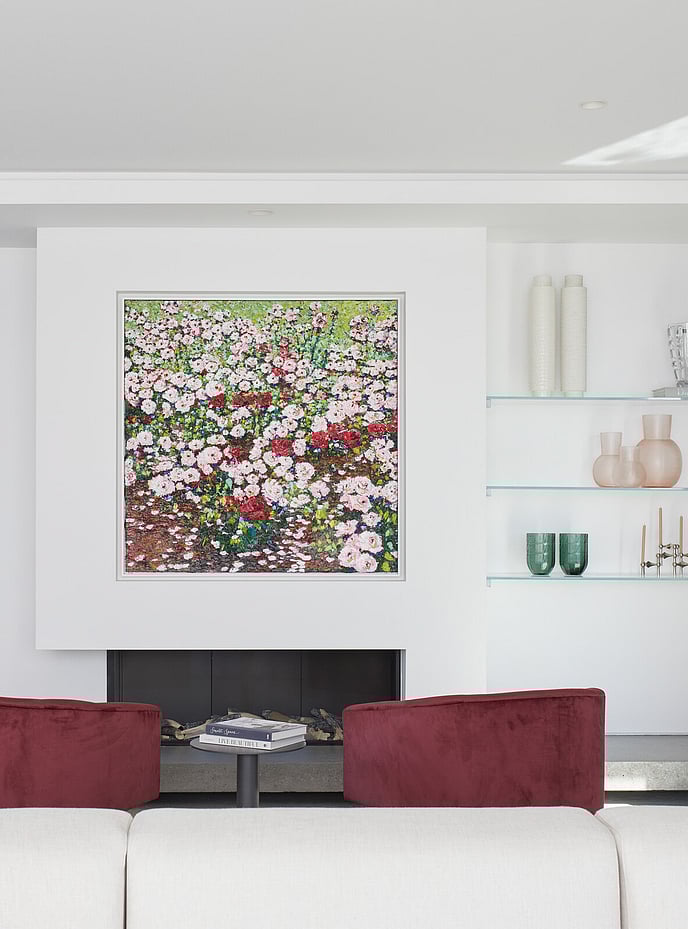 Feature floral painting in sitting area with inset fire place
