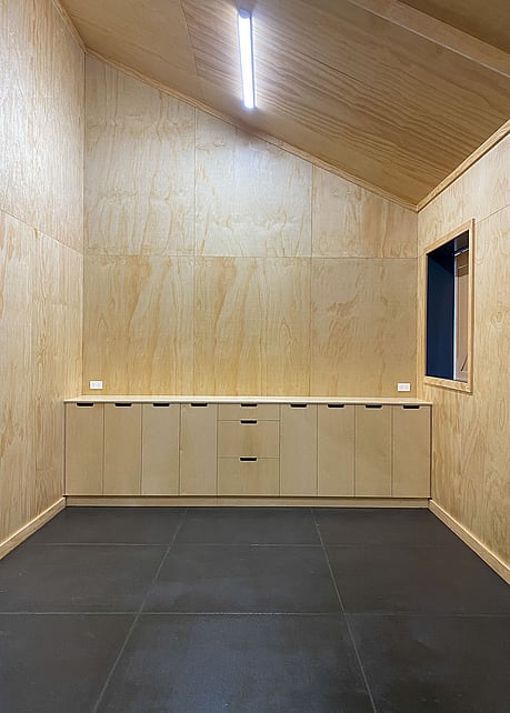 storage room with built in ply cabinetry
