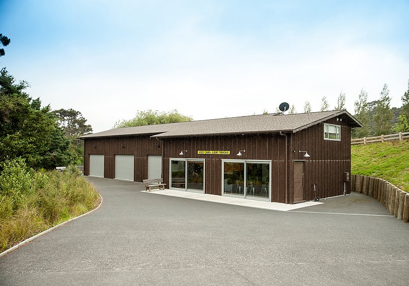 Wide view of timber barn