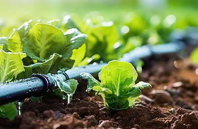 Water sprinkler line in a home vegetable garden
