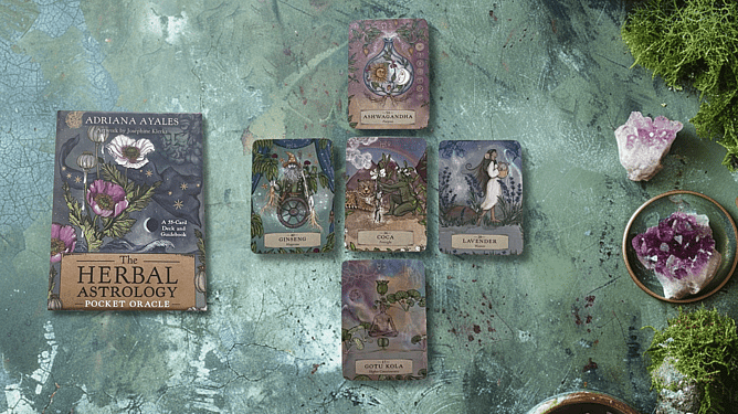 The Herbal Astrology Pocket Oracle Deck with a spread laid out on a moss and gem background