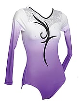 Long Sleeve Gymnastics Leotard with colour fade of Purple and White and Black spiral in the middle and crystals around neck line