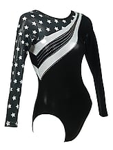 Long sleeve Gymnastics Leotard with Silver stars on sleeves to neck and sequin dots Black and Silver