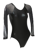 Long Sleeve Gymnastics Leotard with Silver ferns both on top shoulder and bottom sleeves and colour Black