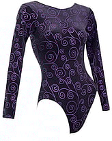 Long sleeve Gymnastics Leotard Black with Silver Pattern swirls all over