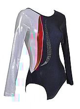 Long sleeve Gymnastics Leotard with the right sleeve in White with a slight Red line and silver sequin straight curl and right side sleeve Black