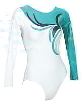 Long sleeve Gymnastics Leotard with right sleeve White and left Teal with Navy Blue and teal slight curls