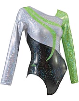 Long sleeve Gymnastics Leotard with right sparkle sleeve and left sleeve in Green with a Green swirl curl and half Black leotard