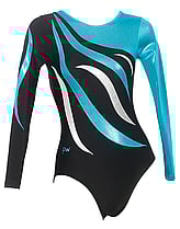 Long sleeve Gymnastics Leotard in Black and Turquoise with slight curve curls in Turquoise and White