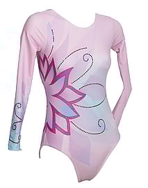 Long Sleeve Gymnastics Leotard with Silver sequin spiral and colour fade of blue and Pink