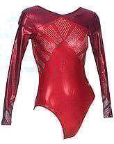 Long sleeve Gymnastics Leotard with Ruby red sleeves right to neck and bottom is Red with Silver diamond sequins designed