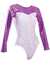 Long sleeve Gymnastics Leotard with Purple sleeves and Bottom in White and Silver zigzags
