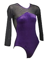 Long sleeve Gymnastics Leotard with Black sleeves and neck in Mesh and Purples Sequins presented on Neck and dots on sleeves with the bottom in full on Purple