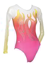 Long Sleeve Gymnastics Leotard with Silver sequin spiral flames and colour fade of Pink/Orange/Yellow and White