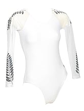 Long Sleeve Gymnastics Leotard with Silver ferns both on Top shoulder and bottom sleeves and White