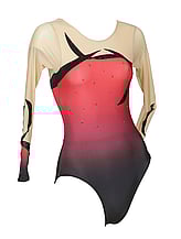 Long sleeve Gymnastics Leotard with coloured cream on sleeves and around neck with faded colours of Red and Black on bottom Red and Curl curve with Silver sequin dots