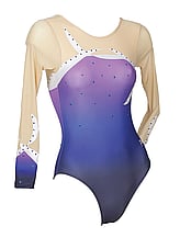 Long sleeve Gymnastics Leotard with coloured cream on sleeves and around neck with faded colours of Purple and slight Black on bottom and Curl curve with Silver sequin dots Indigo