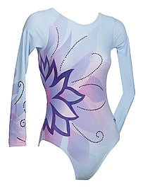 Long Sleeve Gymnastics Leotard with Silver sequin spiral and flower and colour fade of blue and purple