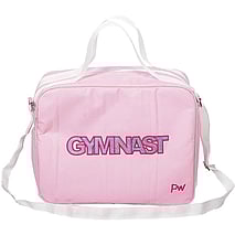 Gymnast Bag in Pink and White Strap and Handle with logo Embroidered in Silver outlined in Raspberry Pink