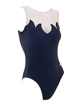 Sleeveless Gymnastics Leotard in white sparkles and black with flame pattern