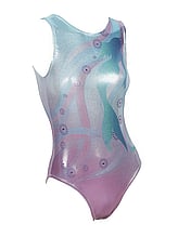 Sleeveless Gymnastics Leotard with mermaid pattern on front in pink and blue metallic fabric