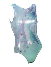 Sleeveless Gymnastics Leotard with mermaid pattern on front in mint green and blue metallic fabric