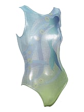 Sleeveless Gymnastics Leotard with mermaid pattern on front in lime green and blue metallic fabric