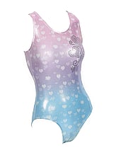 Sleeveless Gymnastics Leotard with colour fade from pastel purple to sky blue with metallic fabric and white hear pattern 