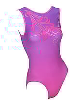 Sleeveless Gymnastics Leotard in purple and pink with pink and silver swirl pattern 