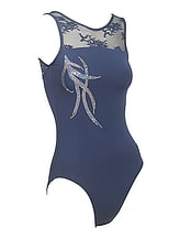 Sleeveless Gymnastics Leotard with lace top in navy blue with silver pattern 