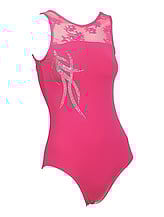 Sleeveless Gymnastics Leotard with lace top in raspberry with silver pattern 